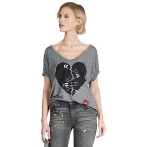 Lauren Moshi Y2K Oversized Graphic Tee Safety Pin Heart Skulls Lips Goth Gray M
